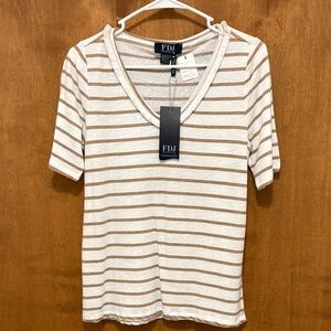 538. FDJ Cream & Tan Stripe V-Neck Women's Top
